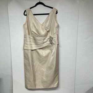 David's Bridal Cream Midi Dress with Embellished Waist